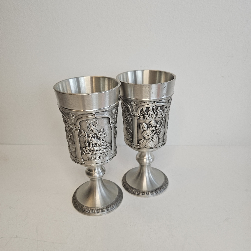 Vintage pewter gobletsTumasek Malaysia scenes, set of 2
